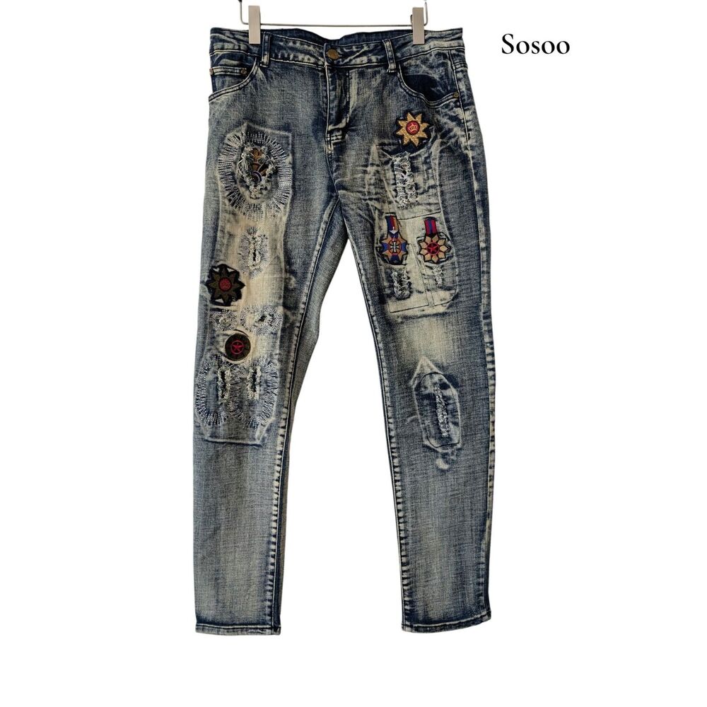SOSOO Jeans 1971 Distressed Embroidered Patchwork Y2K Streetwear Denim